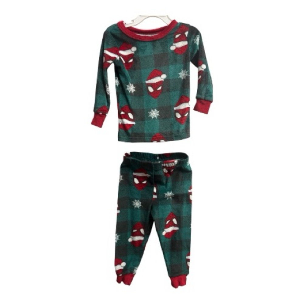 Marvel Spiderman Kids Green Plaid Pajama Set Cozy Sleepwear size 2T